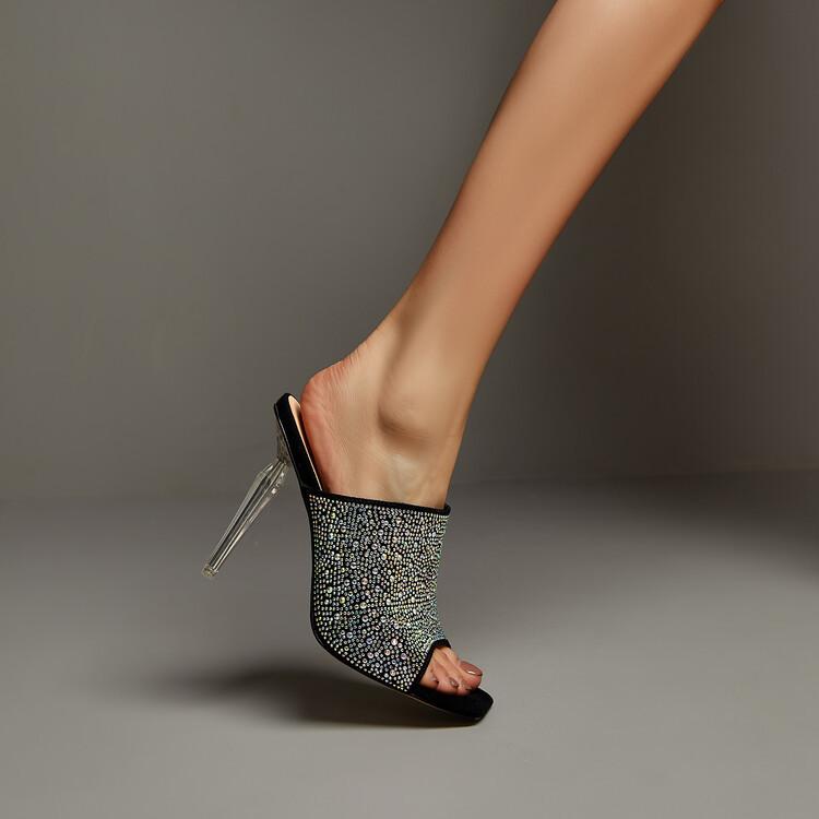 Women'S Shoes - サンダル レディース 春夏 欧米風 シンプル カジュアル ラインストーン クリスタル 11.5cm ピンヒール ハイヒール スクエアトゥ オープントゥ ミュール マイクロファイバー ブラック