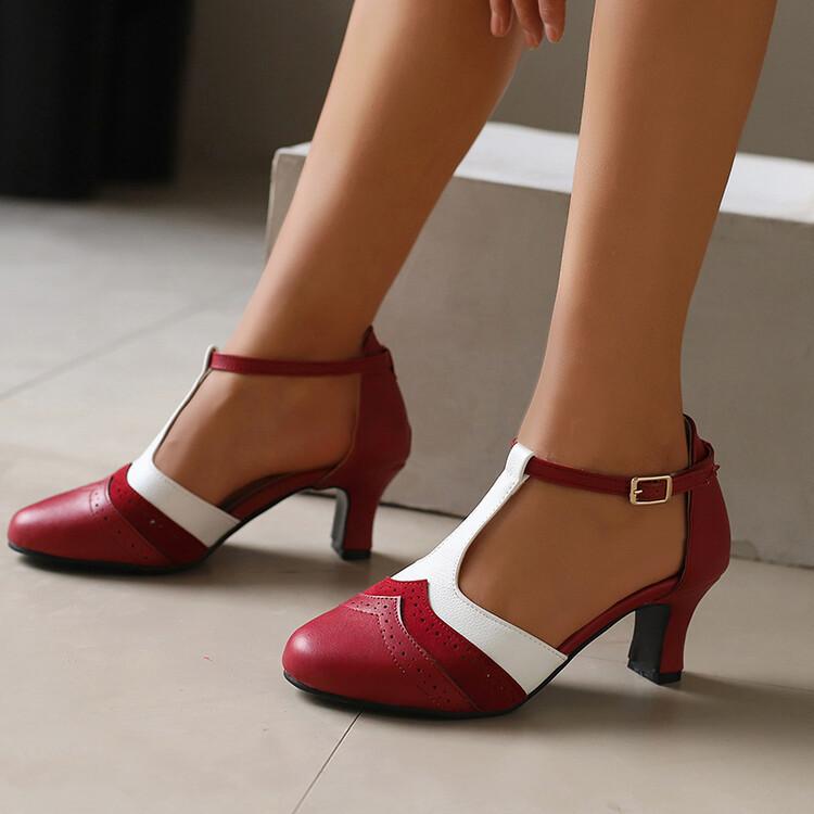 Tストラップサンダル レディース 春夏 ファッション シンプル ハイヒール バイカラー ラウンドトゥ カ..