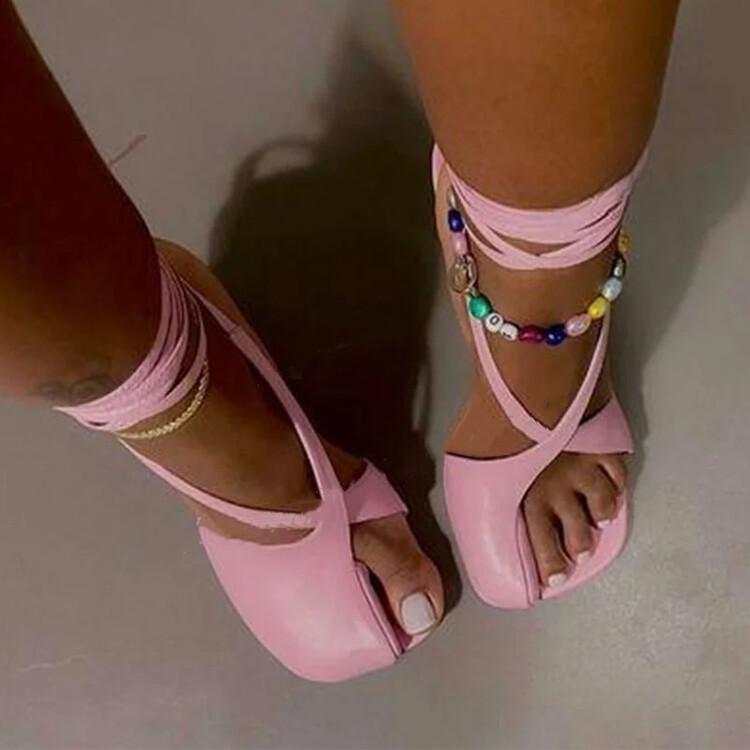 レディース サンダル トング ハイヒール 太ヒール スクエアトゥ クロスストラップ 欧米風 シンプル お..