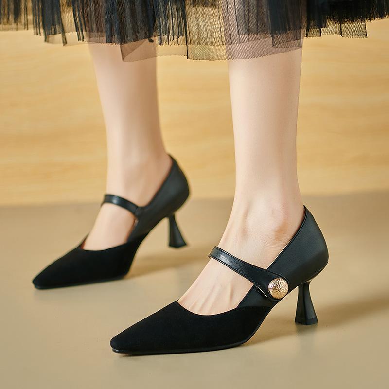 パンプス レディース メリージェーン ポインテッドトゥ 浅口 スティレットヒール 上品 エレガント 大きいサイズ 合成皮革 韓国風 バイカラー ブラック ブラウ...