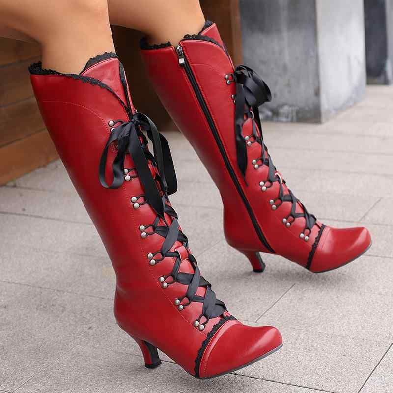 ブーツ レディース 秋冬 ライディングブーツ ミドル丈 チャンキーヒール 太ヒール 高ヒール ラウンドトゥ 編み上げ レースアップ 合成皮革 欧米スタイル カジュアル デイリーユース 通勤