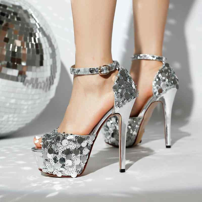 サンダル レディース 欧米風 セクシー ナイトクラブ パーティー 厚底 ピンヒール ハイヒール スパンコ..