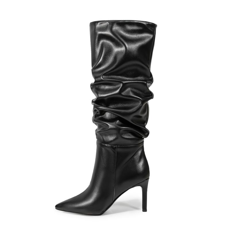 ファッションブーツ レディース ポインテッドトゥ 細ヒール ドレープ ルーズ ミドル丈 プルオン 美脚 ..