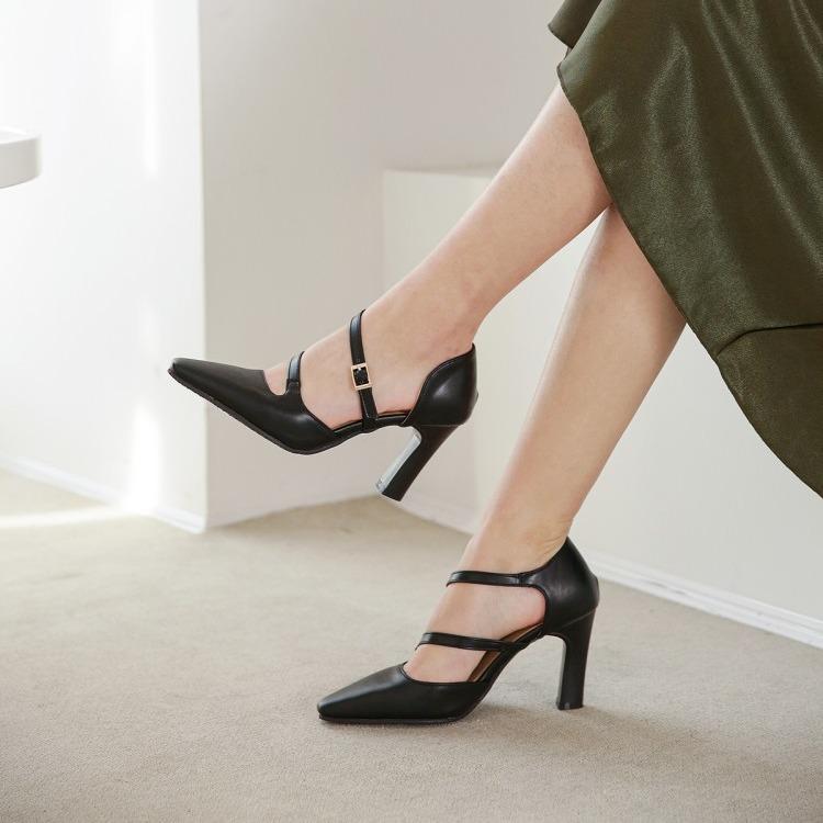 サンダル レディース 春夏 シンプル エレガント 無地 ポインテッドトゥ オープンバック 太ヒール チャンキーヒール ハイヒール ストラップ バックル PU素材 ラバーソール ブラック オフホワイト マスタードイエロー