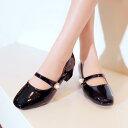 メリージェーン パンプス レディース 普段使い デイリー シンプル 無地 太めミドルヒール 滑り止め ラバーソール スリッポン 浅履き ラウンドトゥ エナメル ...