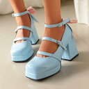 パンプス レディース シューズ ロリータ リボン スクエアトゥ 浅口 厚底 プラットフォーム ハイヒール 太ヒール チャンキーヒール バックルストラップ バイカ...