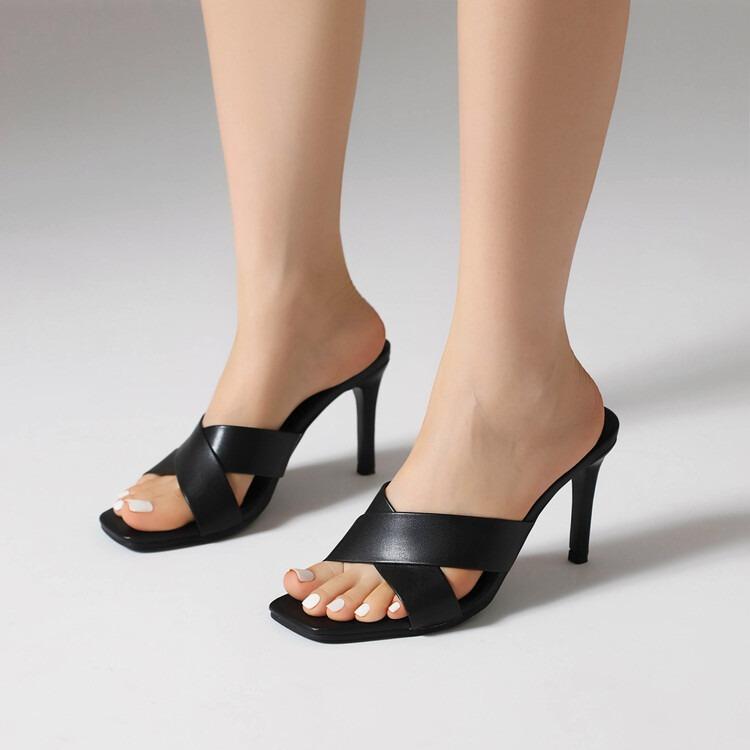 ミュール レディース 春夏 8.5cmピンヒール スクエアトゥ ハイヒール おしゃれ カジュアル 無地 サンダ..