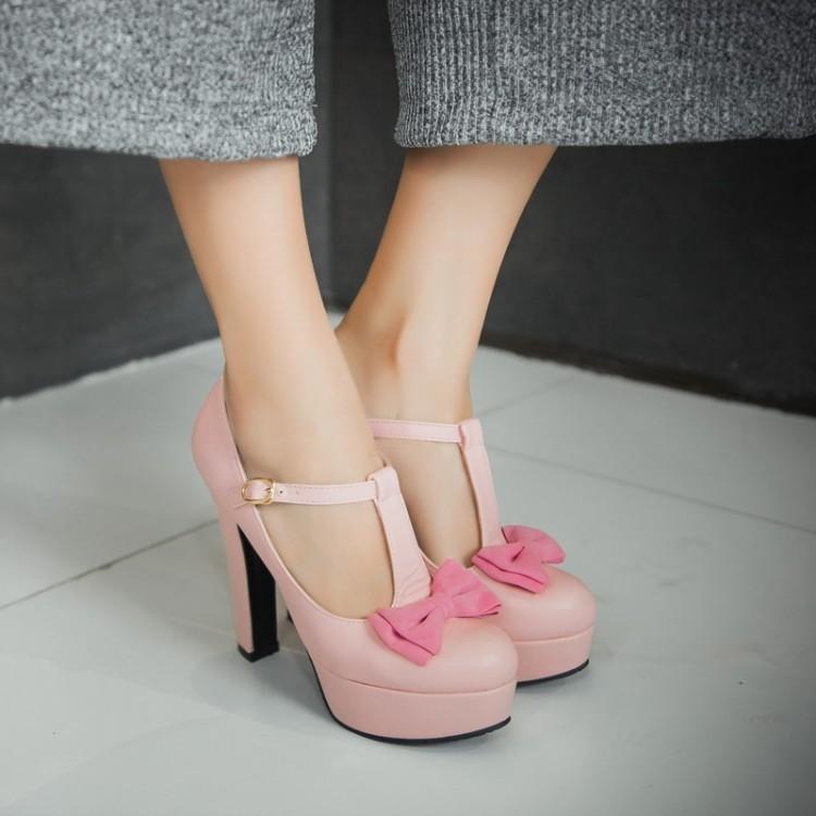 パンプス レディース 女性用 かわいい フェミニン ラウンドトゥ 浅履き プラットフォーム 厚底 スーパーハイヒール 太ヒール チャンキーヒール Tストラップ リボン PUレザー 春夏