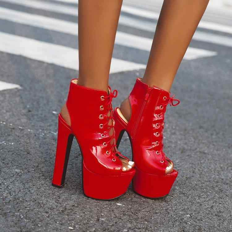 サマーブーツ レディース 春夏 17cm厚底太ヒール オープントゥ サイドジッパー エナメル フェイクレザ..