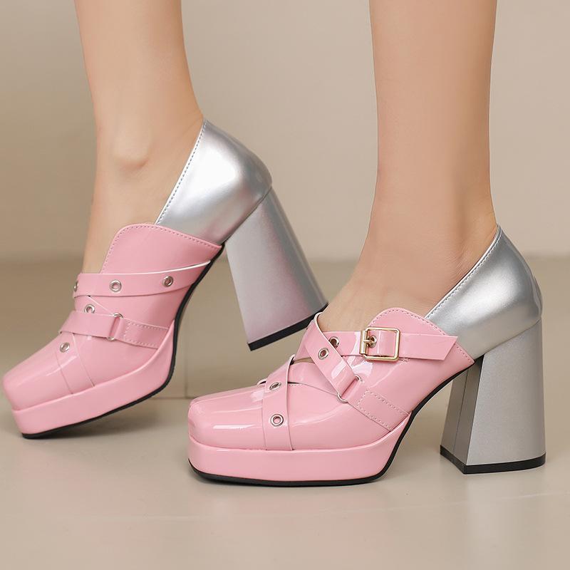 パンプス レディース 切り替え ベルトバックル スクエアトゥ 厚底 チャンキーヒール 太ヒール 超高ヒール メリージェーン ストラップシューズ 合成皮革 フェイ...