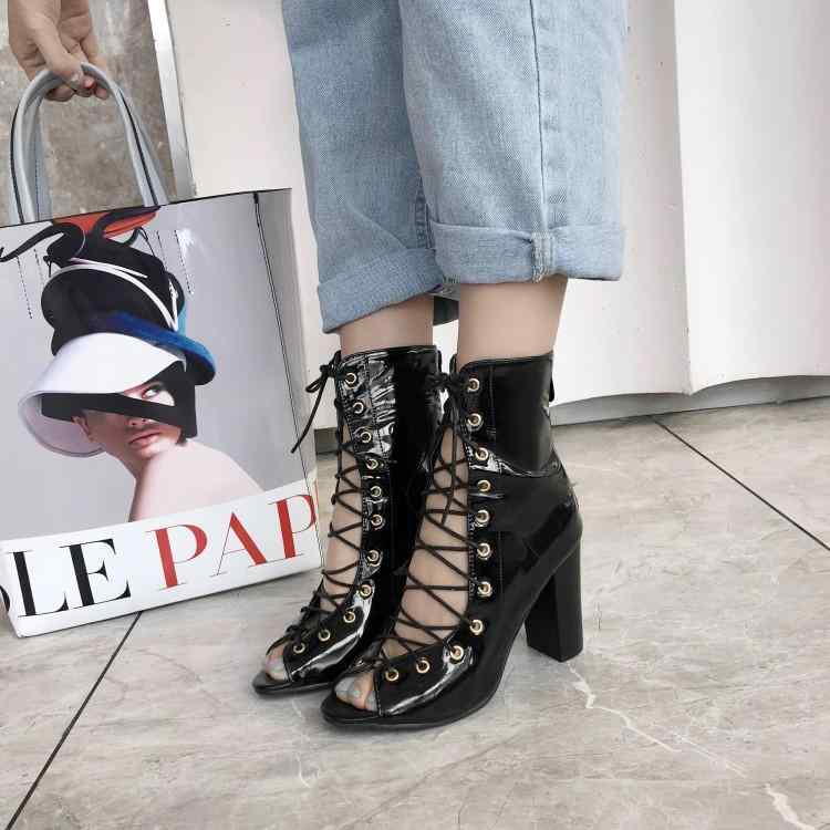 サマーブーツ レディース オープントゥ 太ヒール チャンキーヒール 高ヒール エナメル パテントレザー ..