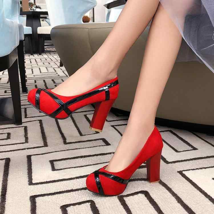 パンプス レディース ラウンドトゥ 9cmヒール チャンキーヒール バイカラー スエード 浅履き セクシー 欧米風 エレガント 春夏 パーティー 結婚式 オフィ...