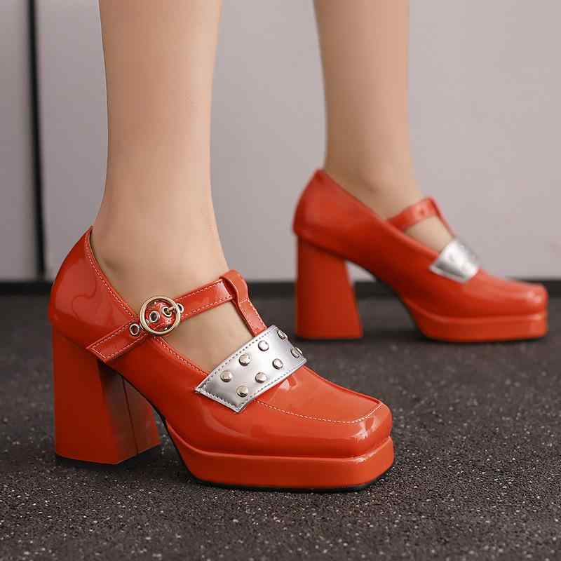 パンプス レディース 超高ヒール 厚底 スタッズ スクエアトゥ Tストラップ パンク ロック ゴシック 合皮 フェイクレザー バックル 春夏 カジュアル 普段使...