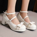 パンプス レディース 女性用 ロリータ リボン 厚底 浅口 ミドルヒール チャンキーヒール ストラップ ラウンドトゥ エナメル PUレザー カジュアル 春秋 お...