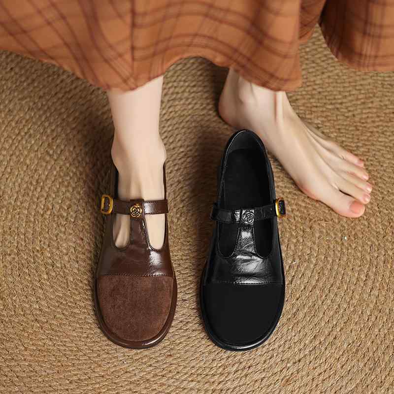 メリージェーンシューズ レディース ラウンドトゥ Tストラップ レトロ ブリティッシュスタイル フラット 太ヒール バックル 合成皮革 普段使い 通勤 通学 ブラック ダークブラウン