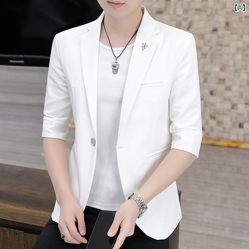 テーラードジャケット メンズ 夏 七分袖 スリム 薄手 ブレザー 韓国風 カジュアル 無地 綿混 ポリエステル アウター ホワイト ブラック ピンク ブルー 一つボタン