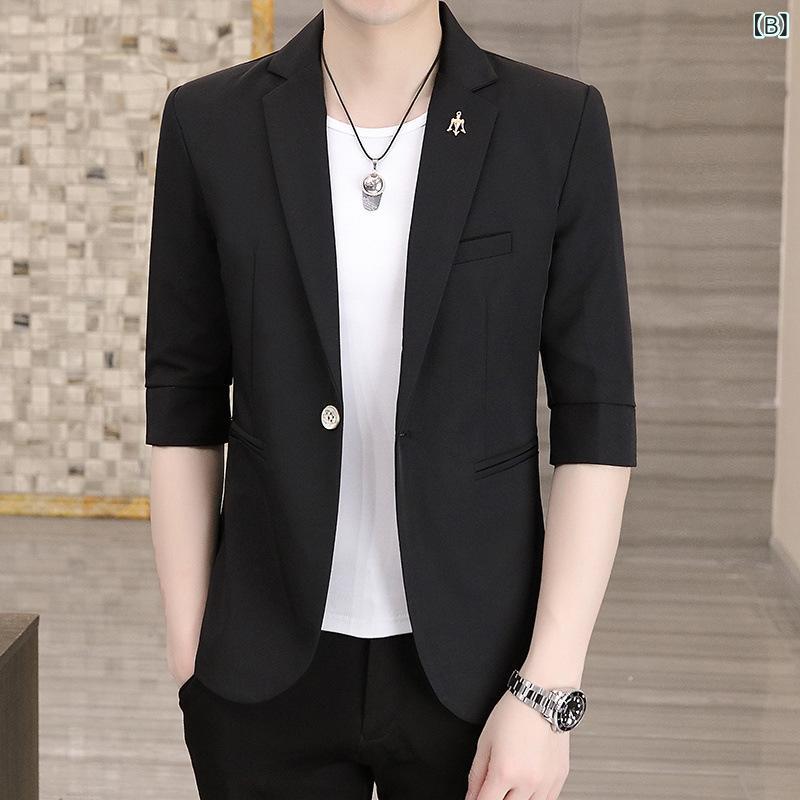 テーラードジャケット メンズ 夏 七分袖 スリム 薄手 ブレザー 韓国風 カジュアル 無地 綿混 ポリエステル アウター ホワイト ブラック ピンク ブルー 一つボタン