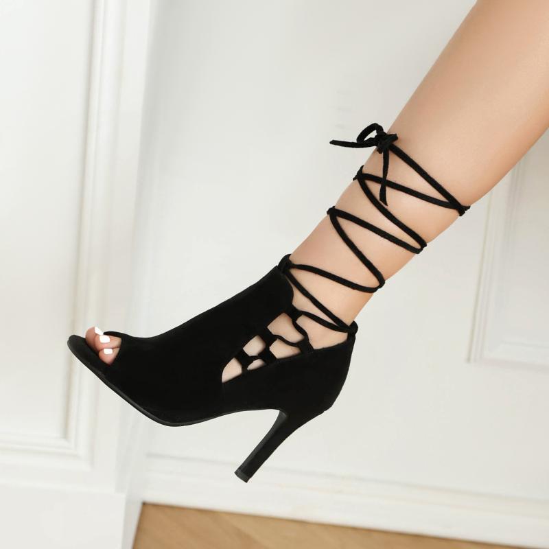 サマーブーツ レディース 女性用 オープントゥ グラディエーター 編み上げ ストラップ カットアウト ハ..