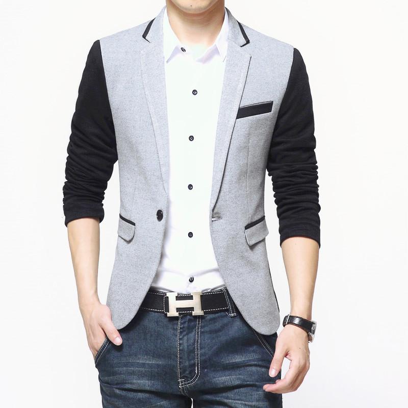 テーラードジャケット メンズ 男性用 韓国風 切り替え スリムフィット シングル 1つボタン カジュアル ストレッチ 春秋 洗える 綿混 ポリエステル グレー系