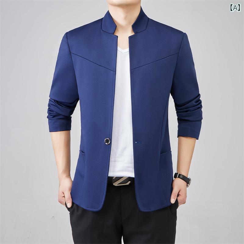 カジュアルジャケット メンズ シングルボタン スタンドカラー 韓国ファッション スリムフィット 細身 おしゃれ かっこいい 普段使い 春秋 綿混 ポリエステル 無地 ウォッシャブル