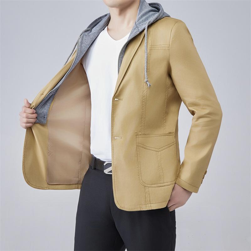 テーラードジャケット メンズ 男性用 フード着脱式 無地 2ボタン カジュアル 韓国風 春秋 スリム 細身 大きいサイズ ウォッシャブル ポリエステル綿混 普段使い 通勤 アウター