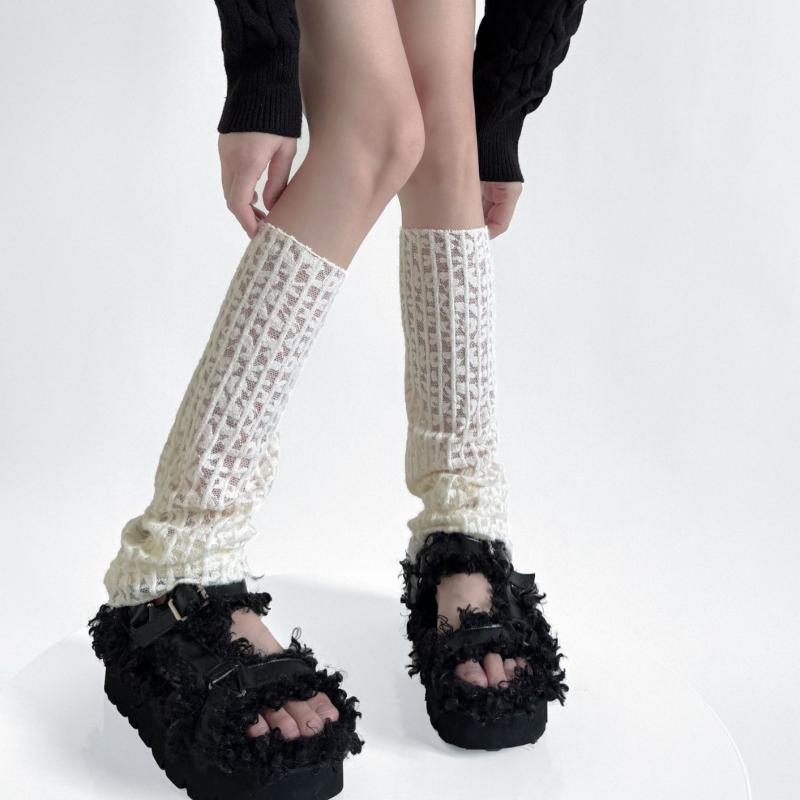 レッグウォーマー レディース 晩夏 初秋 ファッション コーデ ユニーク 透かし編み ハート柄 波柄 個性的 オフホワイト ひし形柄 ジルコニア柄 ルーズソックス風 くしゅくしゅ ナイロン