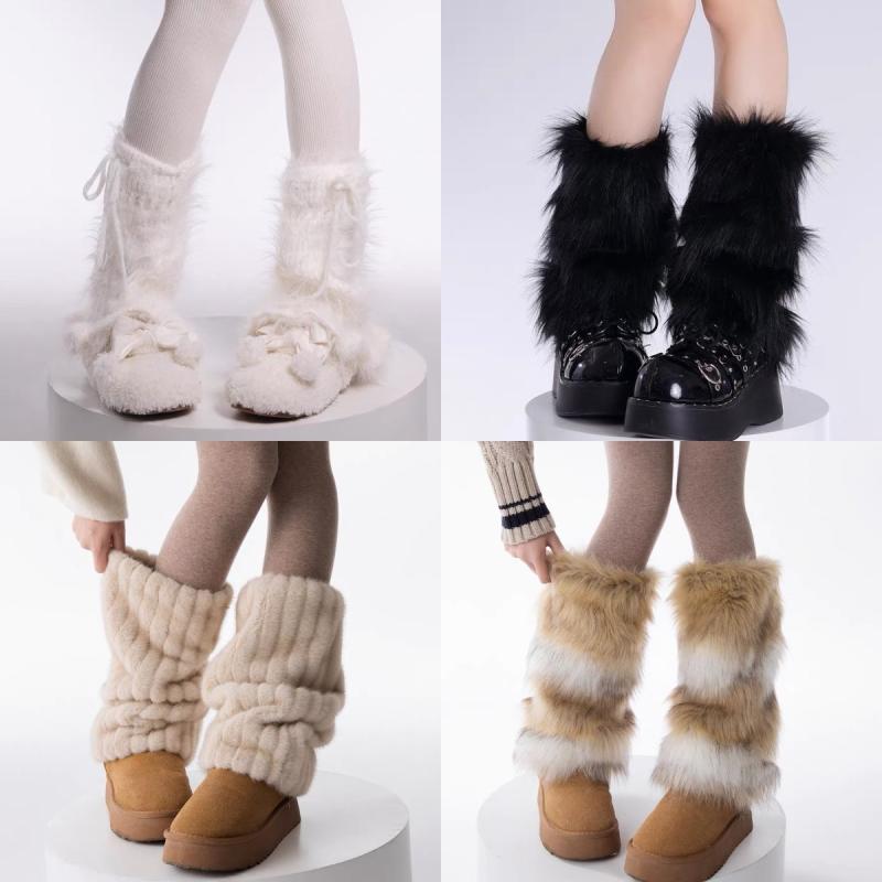 レッグウォーマー レディース 秋冬 Y2K ギャル ストリート ルーズソックス風 もこもこ フェイクファー 裏起毛 厚手 防寒 あったか ミドル丈 ブーツカバー アクリル