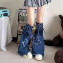 レッグウォーマー レディース デニム 星柄 スター フリンジ 切り替え 紐付き ブルー 青 バイカラー 綿素材 ミドル丈 透湿 抗菌 防臭 カジュアル 普段使い ストリート系 ファッション