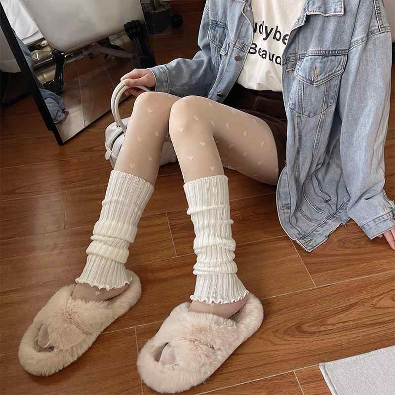 ニーハイソックス レディース 秋冬 SNS風 ルーズソックス 縦縞 無地 ニット コットン オフホワイト 黒 白 防寒 くしゅくしゅ 普段使い