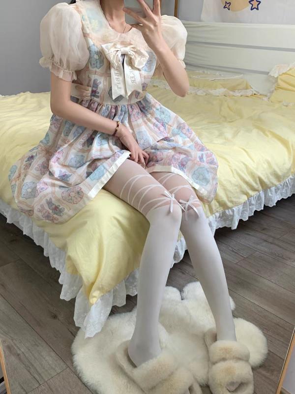 Other - タイツ レディース ロリータ風 スウィート ガーリー ファッション フェイクニーハイ リボン 蝶結び ジャカード織り ベルベット素材 120デニール 中厚手 ブラック オフホワイト 普段使い お出かけ ダンス イベント