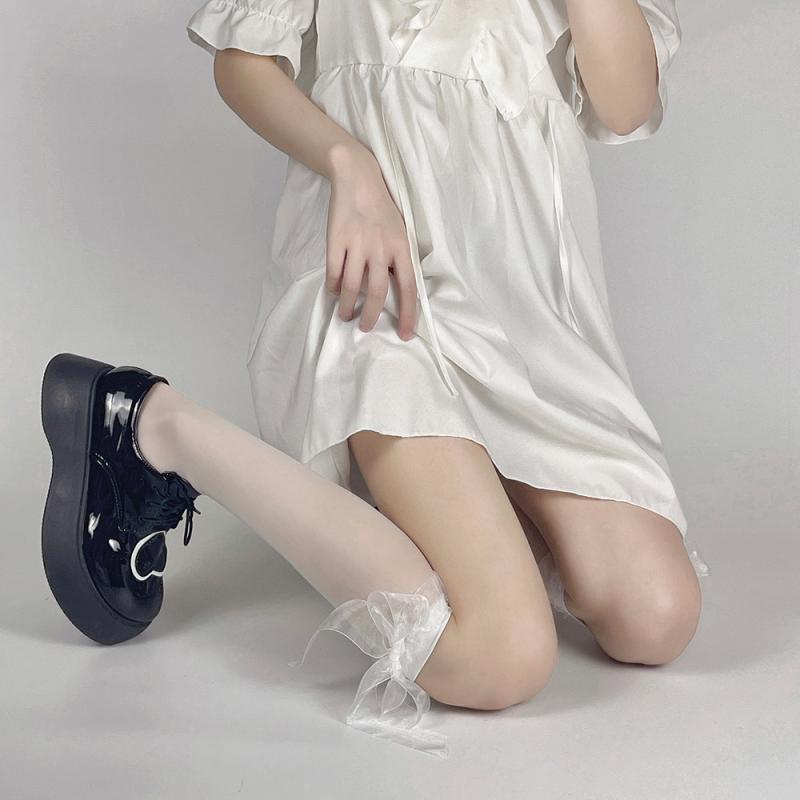 ソックス レディース JKスタイル 超薄手 レース 蝶結びリボン ミドル丈 カットフリー ほつれにくい 白 ..