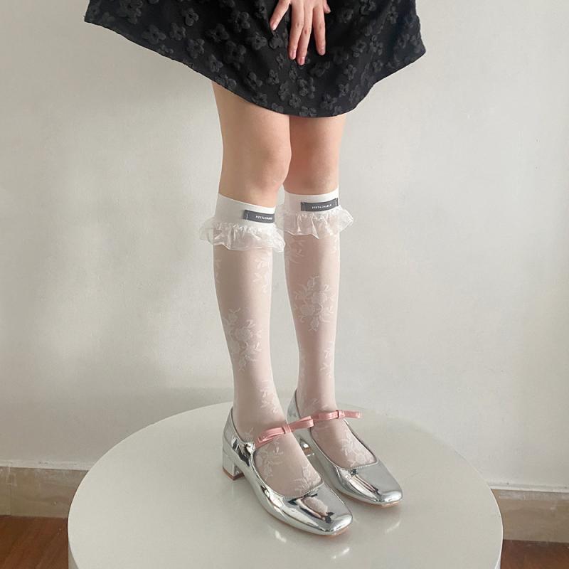 ソックス レディース かわいい 薔薇 花柄 ダブルフリル 薄手 通気性 英字ロゴ クルー丈 ミドル丈 滑り..