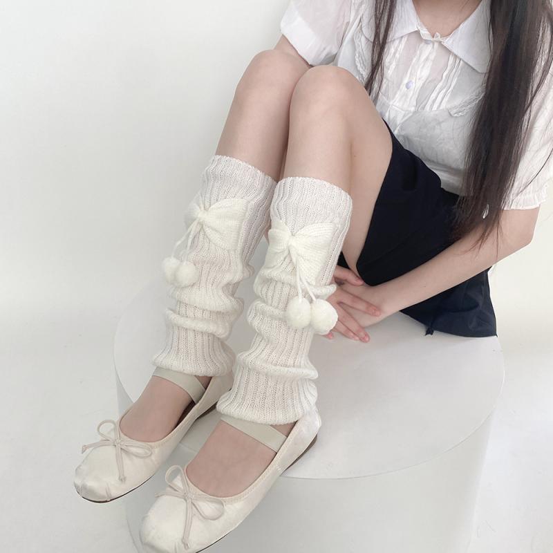 レッグウォーマー レディース ガールズ ロリータ JKスタイル かわいい リボン ポンポン ルーズソックス 着回し アクリル ブラック ミドル丈