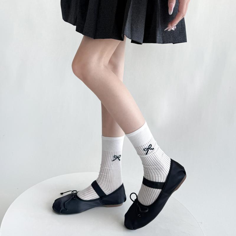 ソックス レディース 春夏 薄手 通気性 吸汗 摩擦防止 縦縞 ストライプ ミドル丈 リボン バレエ風 韓国..