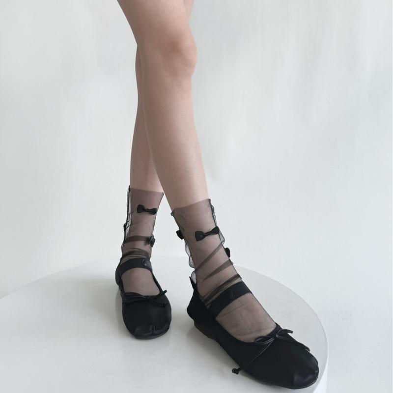 靴下 レディース 春夏 薄手 シアー クルー丈 リボン メッシュ 細見え ルーズ フェミニン ナイロン 快適..