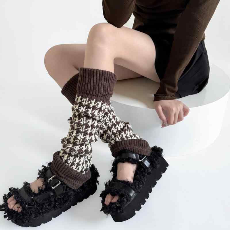 レッグウォーマー レディース 秋冬 厚手 保温 ウール ルーズソックス エスニック柄 レトロ 日系 チェック柄 カーキ グレー 摩擦防止 カジュアル 普段使い ミドル丈 ジャガード織り