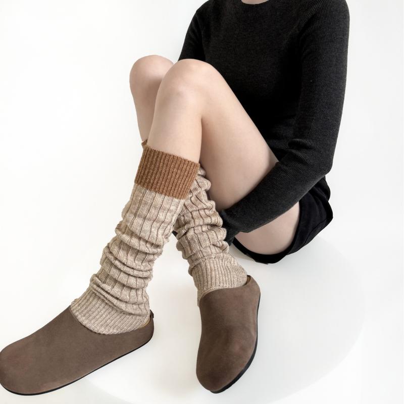 レッグウォーマー レディース 秋冬 羊毛 ウール ニット 配色切り替え シンプル 保温 あったか 防寒 くしゅくしゅ ルーズソックス風 ミドル丈 カジュアル 女性用 グレー