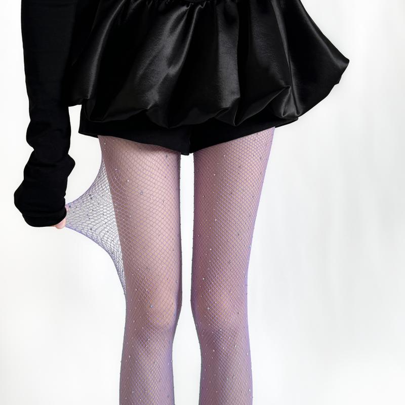タイツ レディース インフルエンサー セクシー キラキララインストーン 網タイツ フィッシュネット 透け感 ダメージ加工 美脚 脚長効果 ナイロン 超薄手 ヒップアップ シェイプアップ クラブ イベント パーティー ドリーミーパープル 春夏