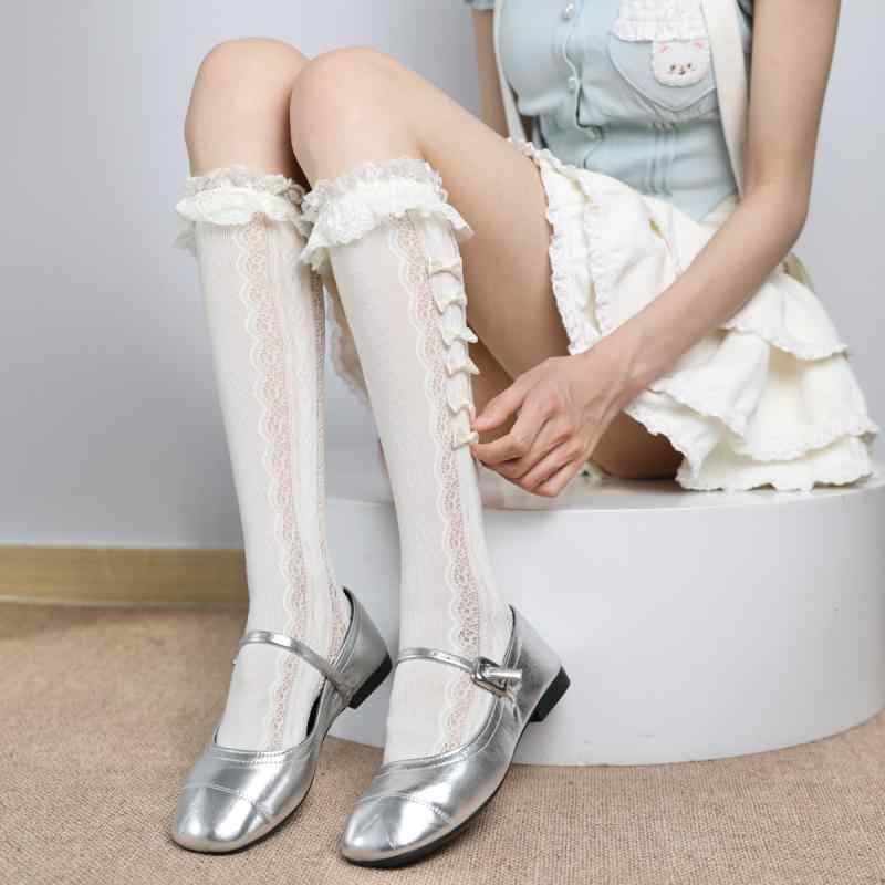 靴下 レディース ミドル丈 春秋冬 レース リボン 白 ロリータ JK風 ガーリー かわいい 吸汗 防摩擦 伸縮性 ルーズソックス
