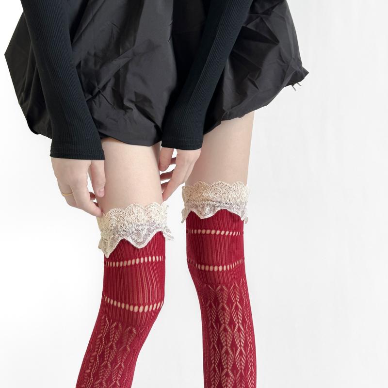 ソックス レディース 日系 レトロ レース フリル 透かし編み ひし形 格子柄 美脚 ニーハイ オーバーニ..