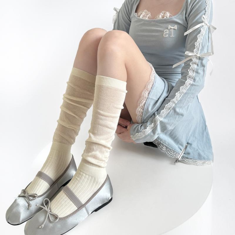 ソックス レディース 春夏 シアー ルーズソックス 薄手 綿 無地 シンプル クシュクシュソックス ミドル丈 細見え 吸汗性 快適 普段使い デイリーユース ブラック オフホワイト グレー イエロー パープル