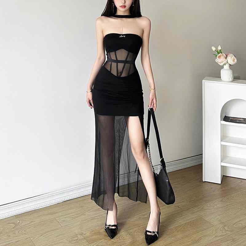ワンピース レディース 欧米風 夏 ブラック メッシュ 切り替え タイト ショート丈 オフショルダー ノースリーブ エレガント セクシー ドレス(3)