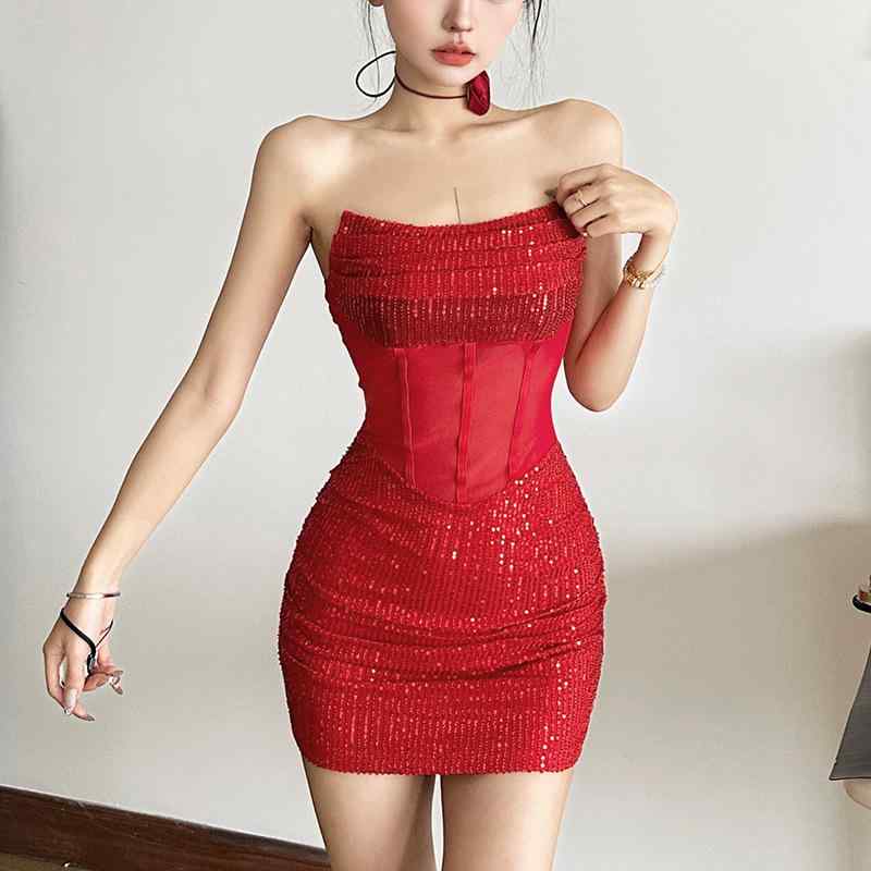 ワンピース レディース 欧米風 セクシー シアー メッシュ スパンコール ウエストコルセット オフショル..