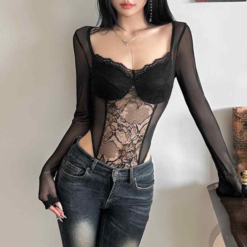 ボディスーツ レディース 春夏 セクシーギャル 欧米風 無地 タイト レース 透け感 長袖 ポリエステル ブラック 伸縮性 ダンス イベント 夜遊び
