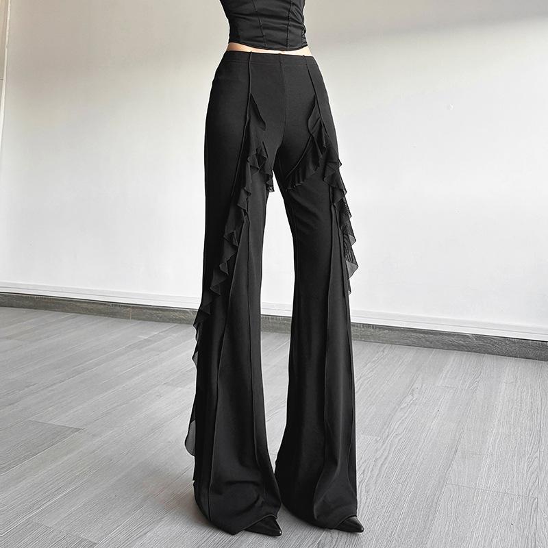 パンツ レディース 春夏 欧米風 サイドプリーツ レイヤードデザイン 個性的な フレアパンツ スタイルアップ 細見え ロング丈 ミドルウエスト 微ストレッチ ポリエステル スパンデックス ブラック 黒