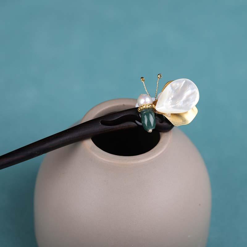 ヘアアクセサリー レディース かんざし 白檀 貝殻 メノウ ミツバチモチーフ 古風 レトロ 和風 ヘアステ..