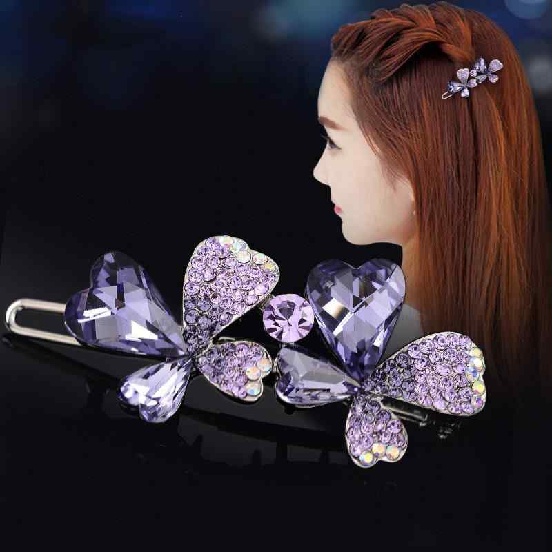 ヘアクリップ レディース 大人可愛い 韓国風 シンプル リボン 蝶々モチーフ ラインストーン ビジュー バレッタ 前髪クリップ サイドクリップ 髪留め 合金製 電気メッキ加工 ガラス飾り