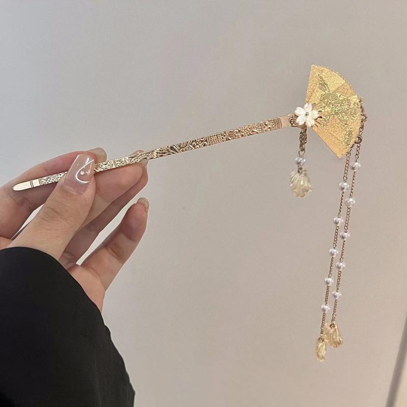 かんざし レディース 扇モチーフ 揺れる パール パール ロングタッセル 合金製 電気メッキ加工 和装 普段使い レトロ モダンチャイナ エレガント 上品 髪飾り ヘアスティック