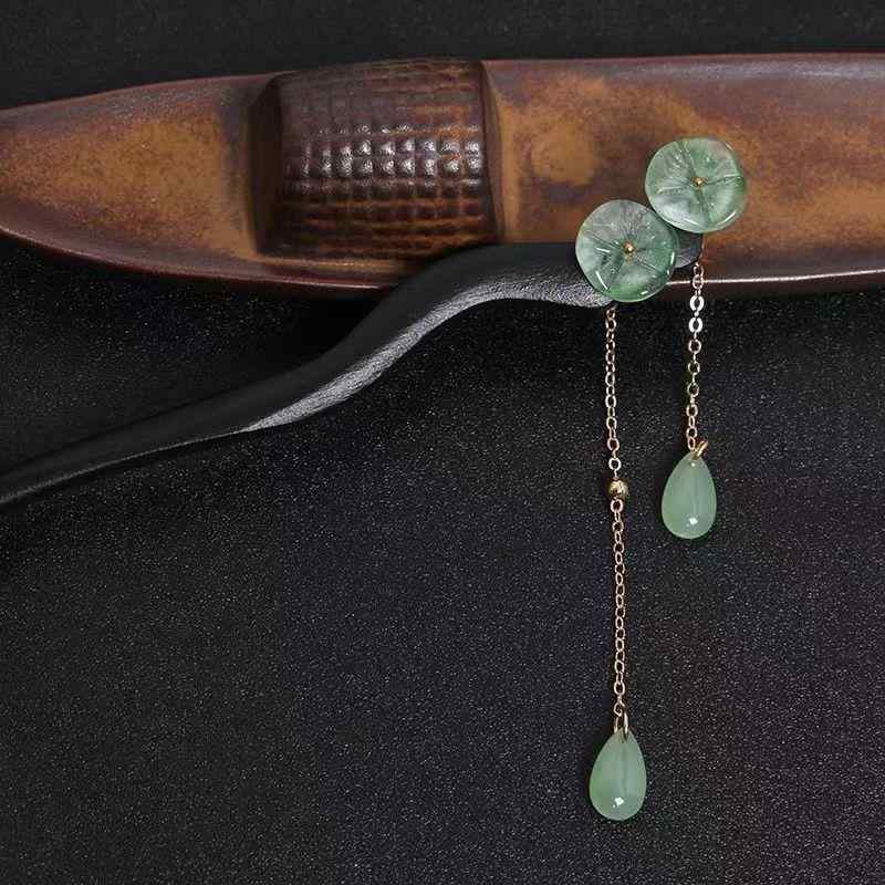 簪 木製 古風 レトロ 蓮 ダブル蓮の葉 タッセル 髪飾り ヘアスティック まとめ髪 アップヘア 和装 着物 浴衣 チャイナドレス 優雅 春夏