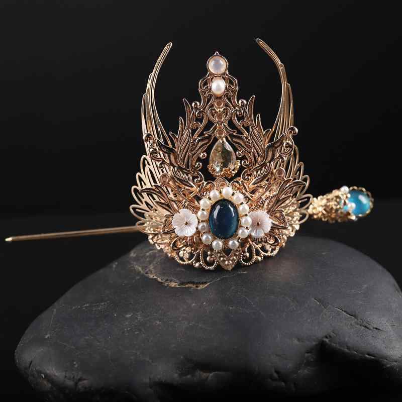 かんざし レディース キッズ 中国風 漢服 チャイナドレス レトロ アンティーク調 王冠モチーフ お団子ヘア まとめ髪 赤羽根 金属製 髪飾り ヘアアクセサリー